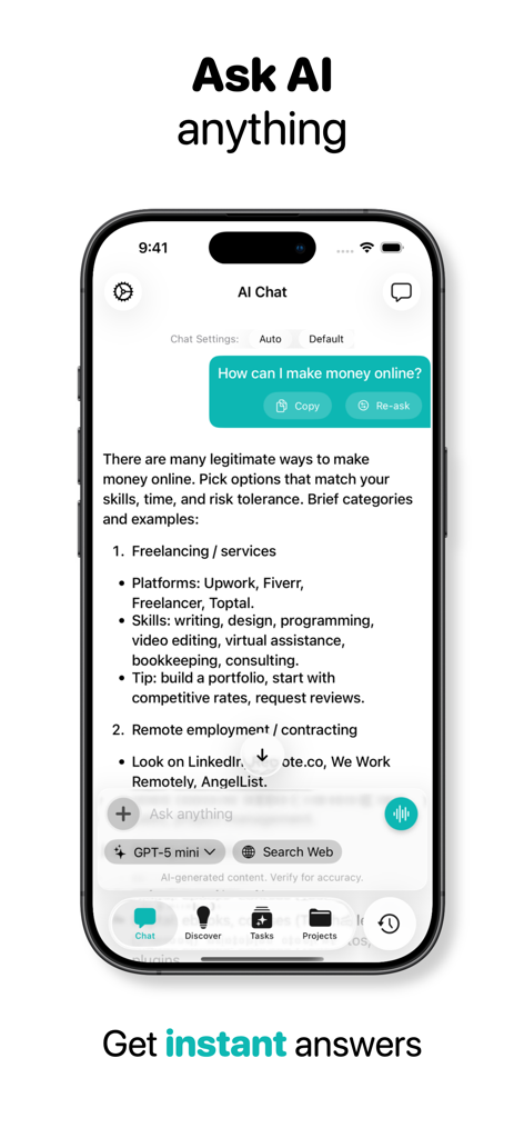 AI ChatBot Assistant ChatUltra - Pantalla del smartphone mostrando el asistente ChatUltra AI brindando respuestas rápidas a una pregunta del usuario