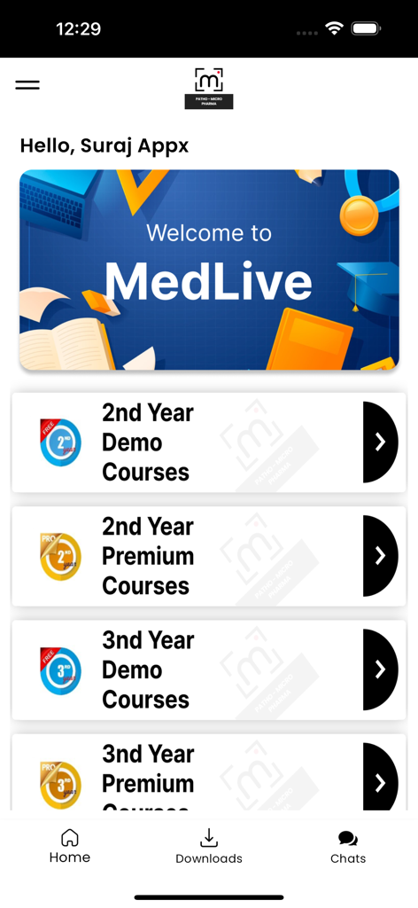 The home screen of medLIVE by Dr Priyanka app showing course categories for second and third year medical students