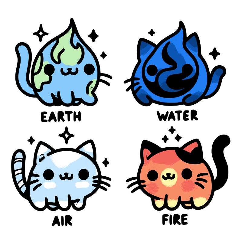4 cats that represent the different elements, earth, water, air, and fire