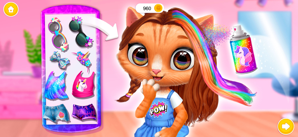 Amy's Animal Hair Salon - Un lindo personaje de gato atigrado a quien se le está tiñendo el pelo con spray de purpurina arcoíris en un juego de cambio de imagen de salón de belleza