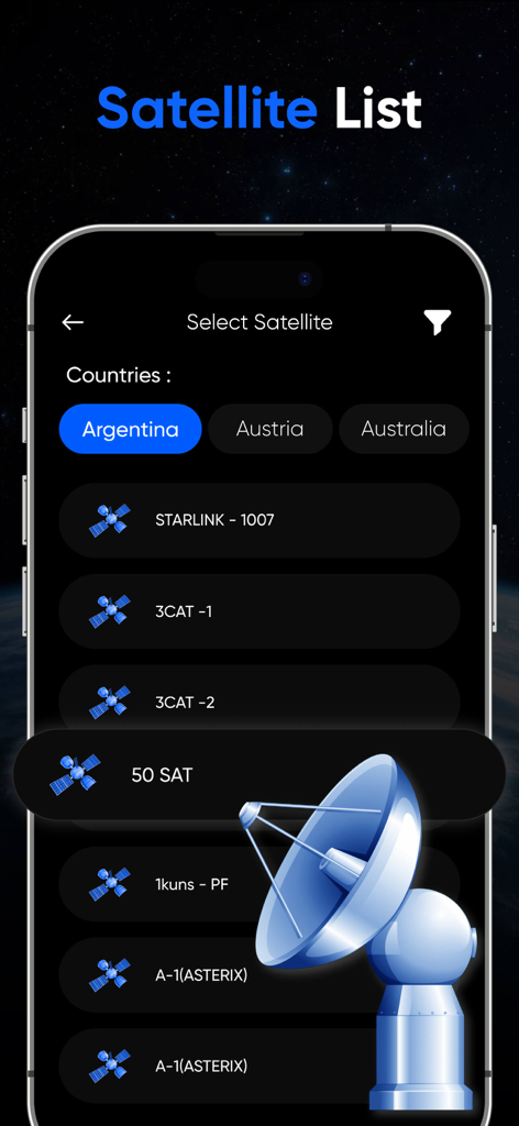 Una interfaz de aplicación móvil que muestra una lista de satélites como Starlink filtrados por países con una ilustración de antena de satélite