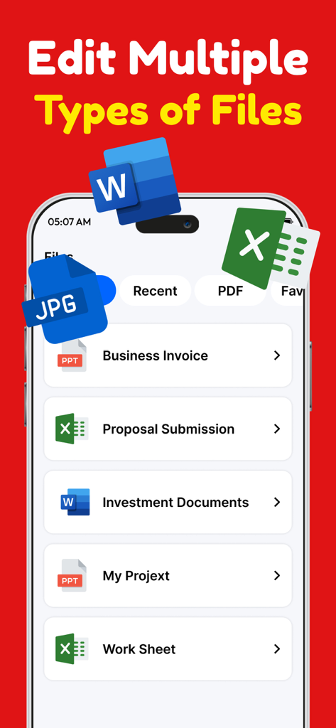 PDF Converter：Scanner & Reader - Interface d'application mobile affichant les options pour modifier divers types de fichiers tels que Word, Excel et JPG.