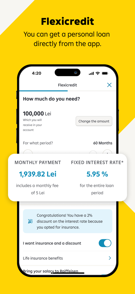 Raiffeisen Smart Mobileアプリの画面、個人ローン計算機が表示され、月々の支払いと金利が表示されています。