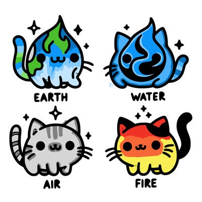 4 cats that represent the different elements, earth, water, air, and fire