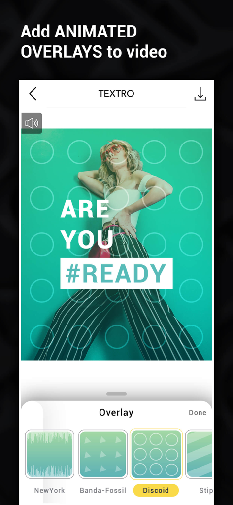 Textro - Animated Text Videos - Textro mobile app interface showing a user adding animated circular overlays to a social media video post with text.
