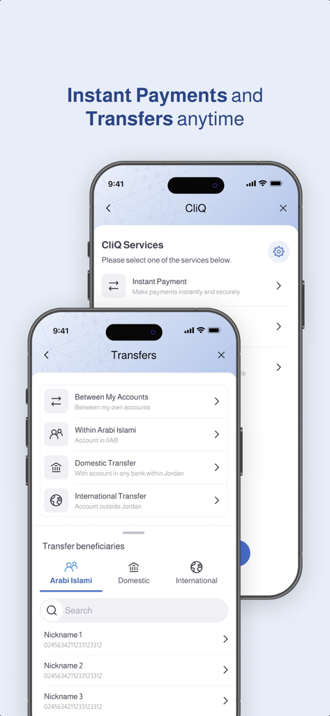 Arabi Islami Mobile - Pantallas de la aplicación Arabi Islami Mobile que muestran los servicios de pago instantáneo CliQ y las opciones de transferencia bancaria internacional
