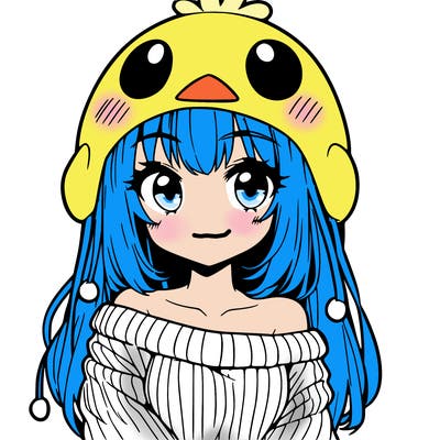 anime girl with chick shaped hat with sweater with bare shoulders with bangs covering them one eye with low tail