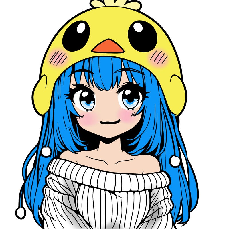 anime girl with chick shaped hat with sweater with bare shoulders with bangs covering them one eye with low tail