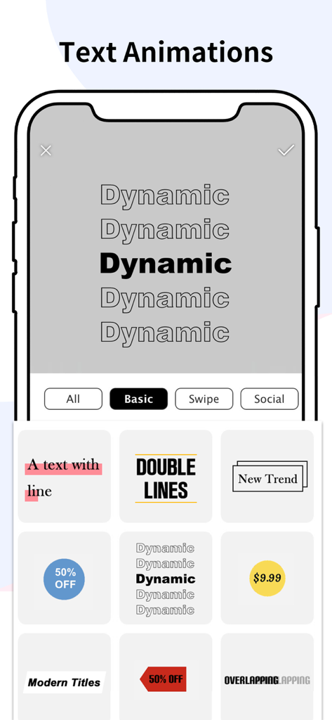 Story Art: Story & Reels Maker - Benutzeroberfläche der Story Art App, die verschiedene animierte Textvorlagen für Instagram-Stories und -Reels zeigt