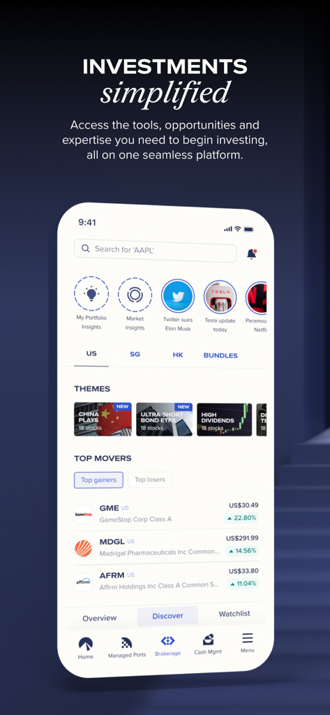 Syfe: Invest, Trade and Save - Discover screen of the Syfe investment app showing stock market insights and themes