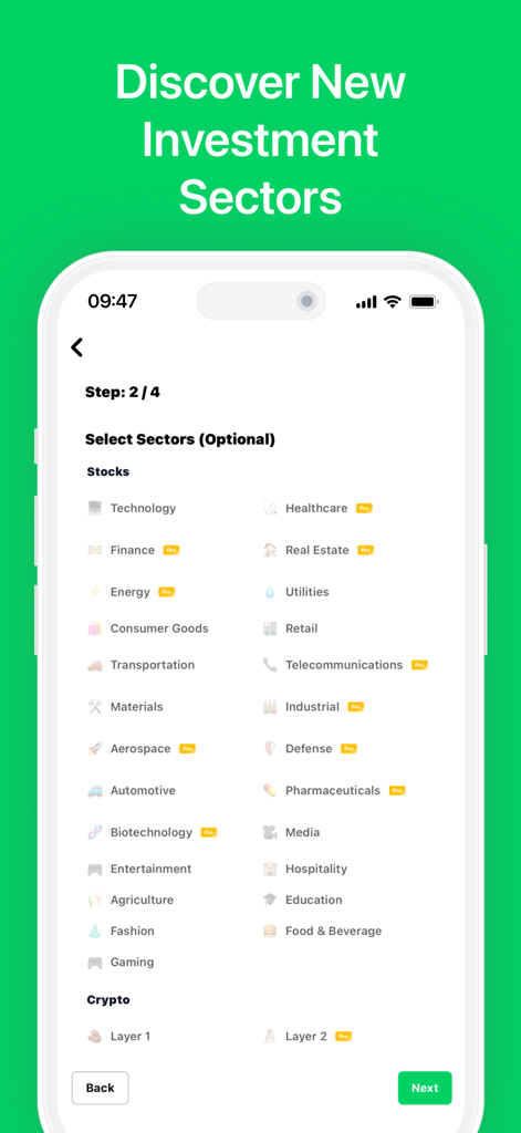 StockGenius: AI Portfolio - StockGenius app screen for selecting stock and crypto investment sectors during portfolio setup