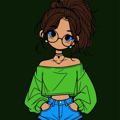 girl with a messy ponytail glasses a baggy crop top and jean shorts