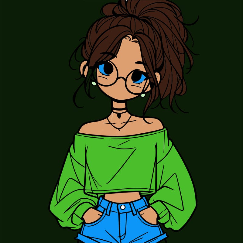 girl with a messy ponytail glasses a baggy crop top and jean shorts