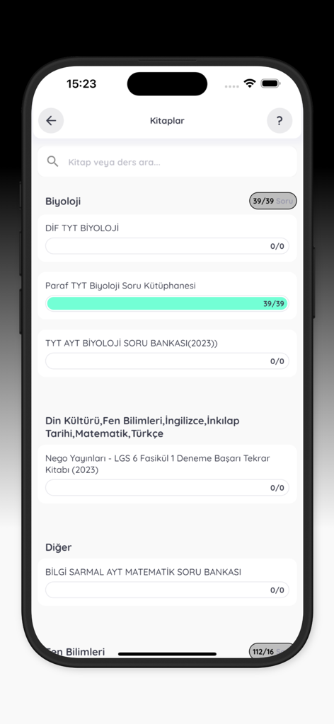 Kuzgun Eğitim - Kuzgun Egitim app screen showing a list of biology and other course materials with progress tracking