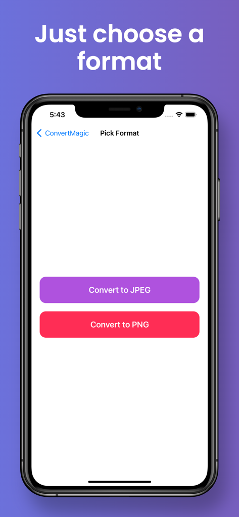 Convert JPEG PNG ConvertMagic - Captura de pantalla de la interfaz de la aplicación ConvertMagic que muestra opciones para convertir imágenes a JPEG o PNG