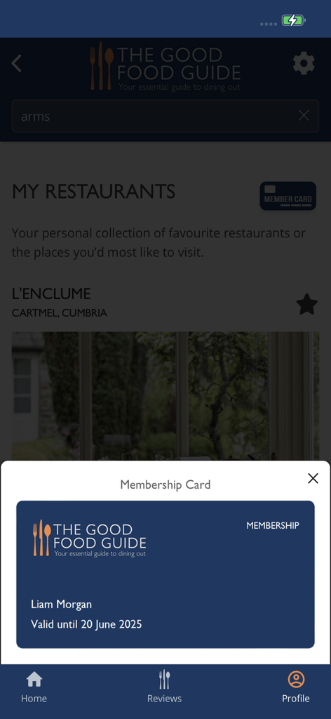 Good Food Guide - Digital membership card for The Good Food Guide app showing member name and validity date.