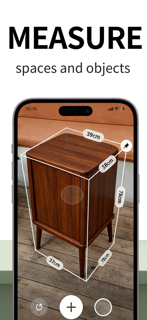 Smartphone screen displaying AR measurements for a wooden cabinet.