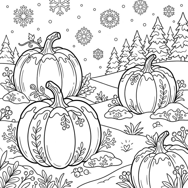 Embrace the serene beauty of winter with our charming pumpkin coloring page, thoughtfully designed for seniors. This delightful scene features friendly pumpkins amidst a snowy wonderland, offering a relaxing and engaging artistic escape.