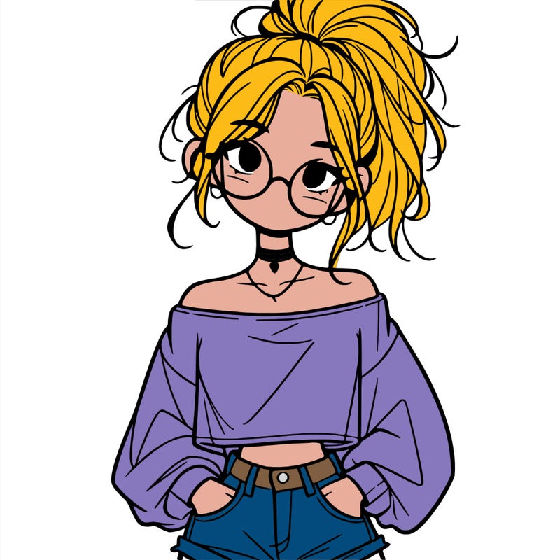 girl with a messy ponytail glasses a baggy crop top and jean shorts