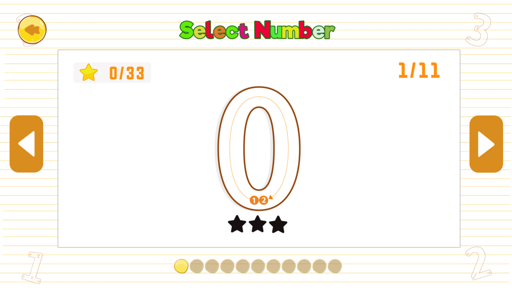 Select Number screen in the ABC Kids English Tracing app featuring the number zero for kids to trace