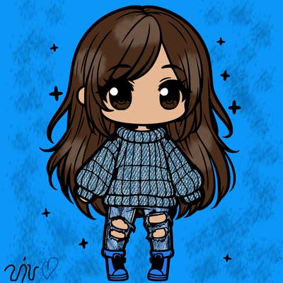chibi girl with ripped jeans,long hair, and an oversized sweater