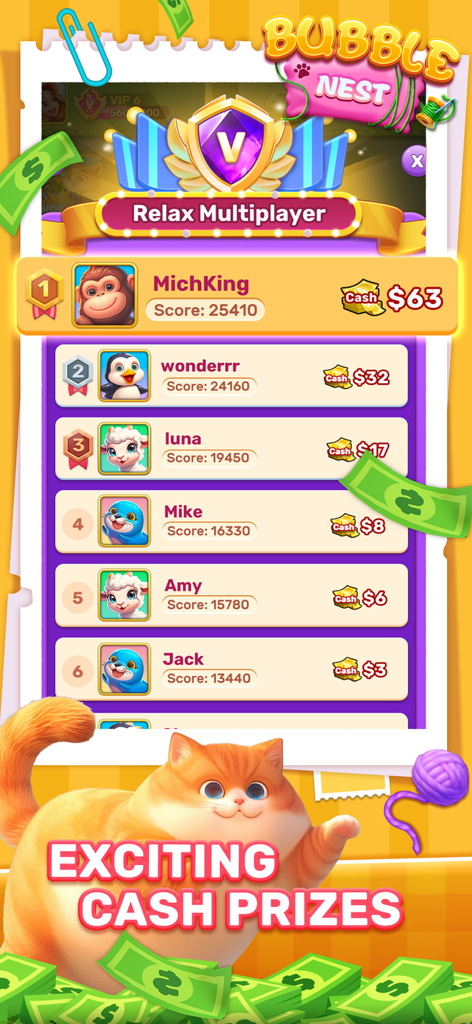 A leaderboard in the Bubble Nest app showing players with cash rewards and a cute orange cat.