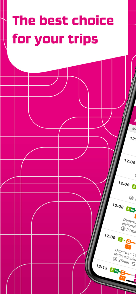 Mobiliteit.lu - Mobiliteit.lu app interface showing a list of public transport trip results on a smartphone screen with the text The best choice for your trips.