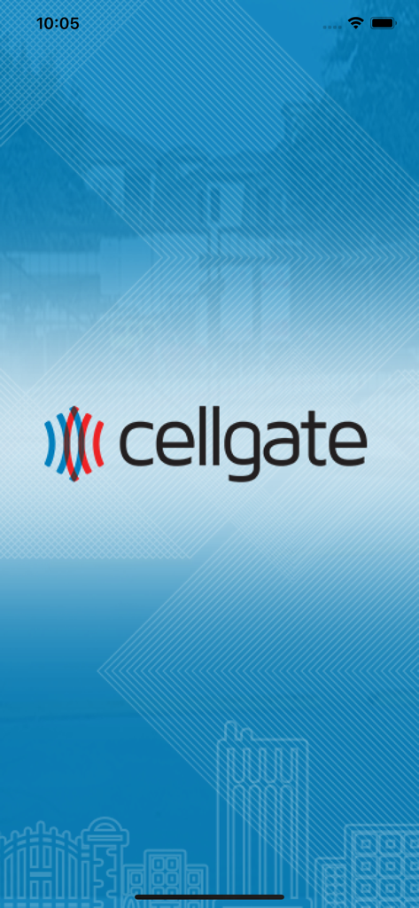 CellGate Mobile Connect app splash screen featuring the company logo on a blue background with geometric patterns.