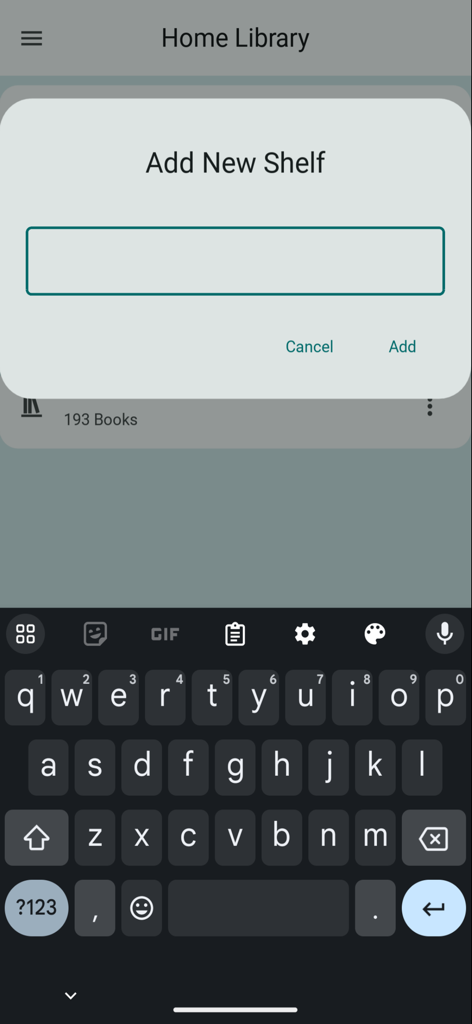 A pop-up window in the Home Library Catalog app for adding a new book shelf with an on-screen keyboard.