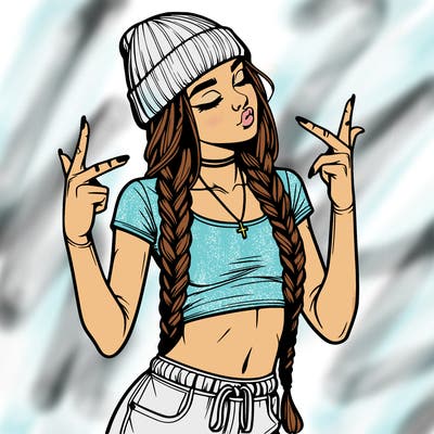 realistic teenage girl with braids and a beanie and crop top doing 🫶🏼