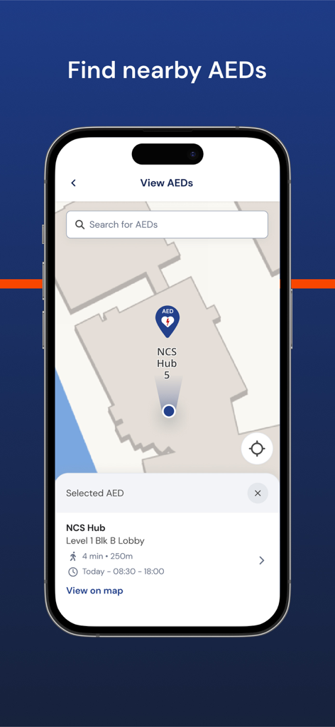 Map interface in myResponder app displaying nearby AED locations