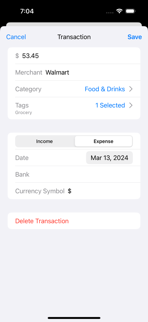 Interface for adding a new transaction in Spendwise showing a Walmart grocery expense of 53.45 dollars