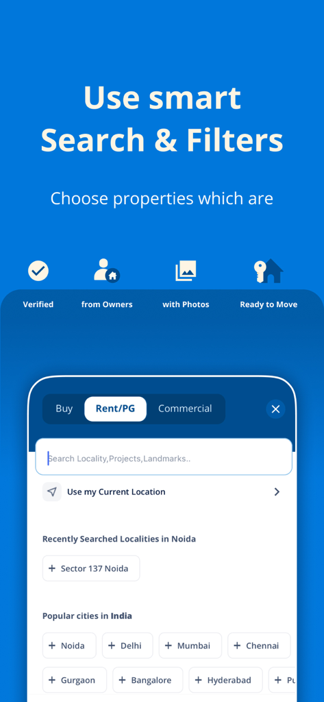 99acres - Property Search - 99acres app interface showing property search filters and popular Indian cities