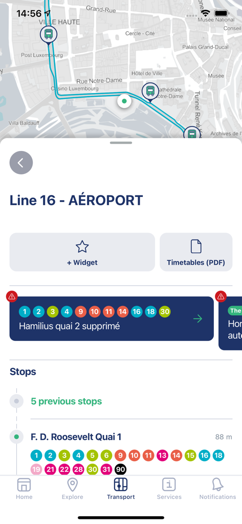 CityApp - Your guide to VDL - Interfaz de la aplicación Luxembourg CityApp que muestra detalles del transporte para la línea de autobús 16 al aeropuerto y paradas cercanas