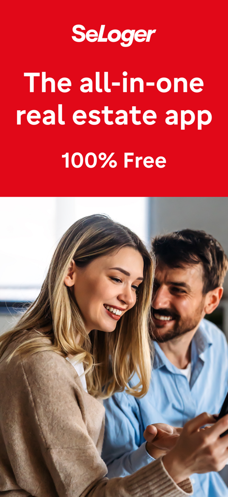 SeLoger – Real Estates France - A happy couple browsing French property listings on the SeLoger app