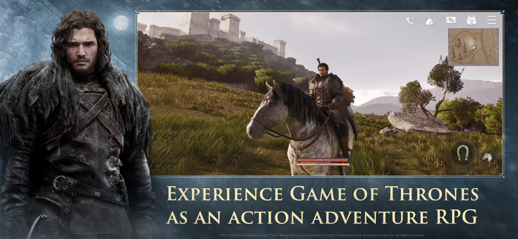 Game of Thrones Kingsroad gameplay featuring a character on horseback in an open world setting with a castle in the background