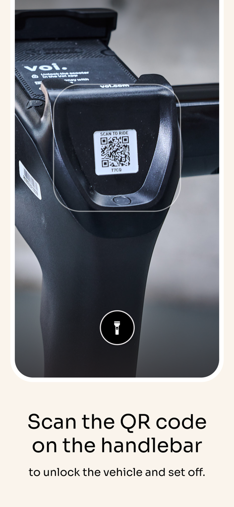Close up of a Voi scooter handlebar showing the QR code to scan for unlocking the vehicle