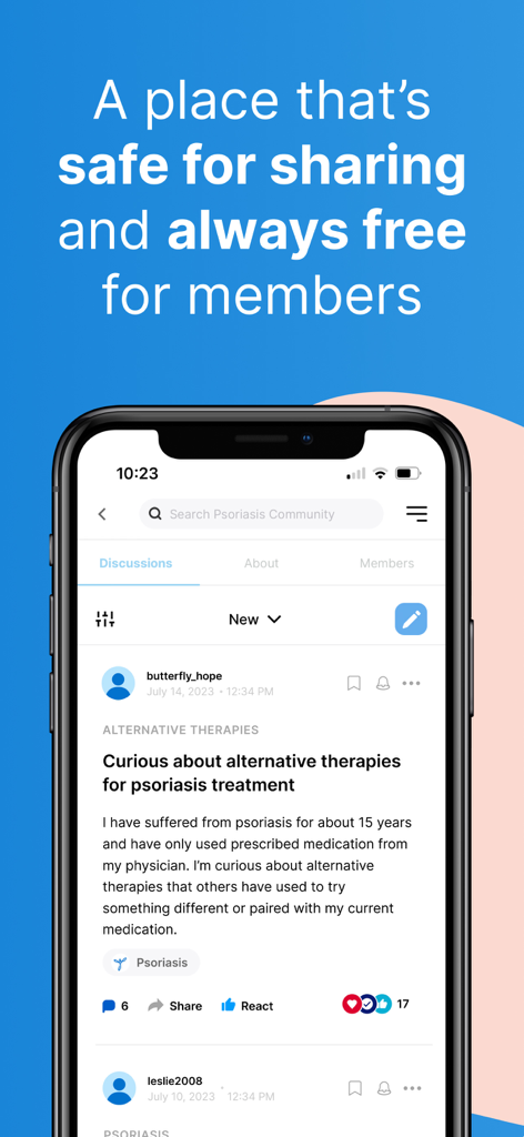 Inspire health app interface showing a discussion post within a psoriasis community