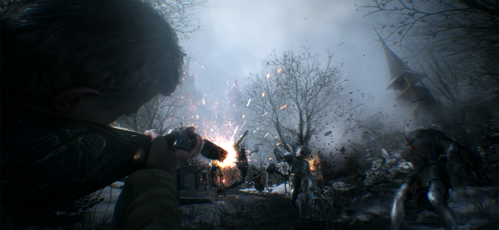 Perspectiva en primera persona de combate con escopeta contra enemigos en un entorno de pueblo nevado.