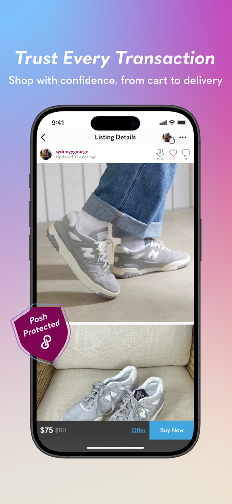 Pantalla de la aplicación Poshmark que muestra un anuncio de zapatillas protegido con un mensaje de confianza para compras seguras.