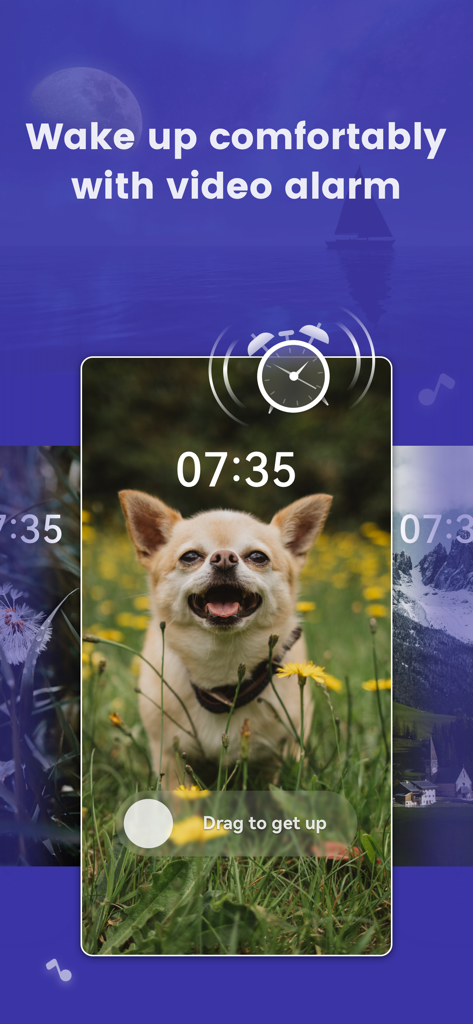 MooNite:Sleep Tracker &Record - Smartphone-Bildschirm mit der MooNite Video-Alarmfunktion mit einem niedlichen Hund und einem Aufwachschieberegler um 7:35 Uhr