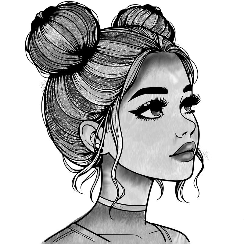 realistic girl with buns on the top of her head