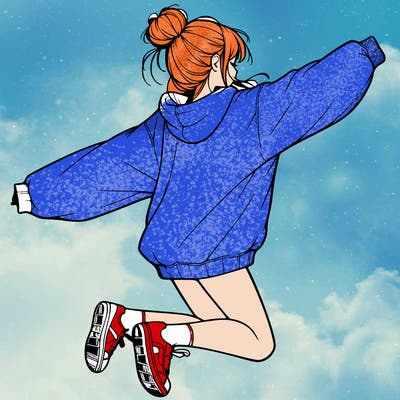 realistic girl jumping with a bun and oversized sweatshirt