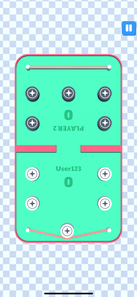 Sling Puck 3D Disk Battle Game - A digital tabletop sling puck game showing a green board with two players and physics-based pucks.