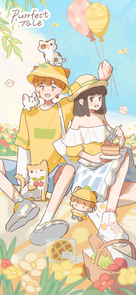 Purrfect Tale - Gemütliche Illustration im Anime-Stil von zwei Charakteren und ihren Katzen, die ein sonniges Picknick auf einer Blumenwiese genießen