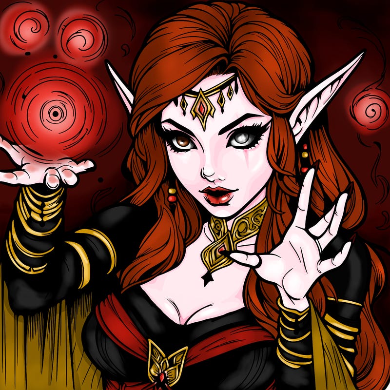 realistic scary beautiful elf sorceress casting spell