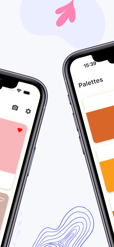 WS Colors - Interface of the WS Colors app showing various color palettes and favorite selections on two iPhones.
