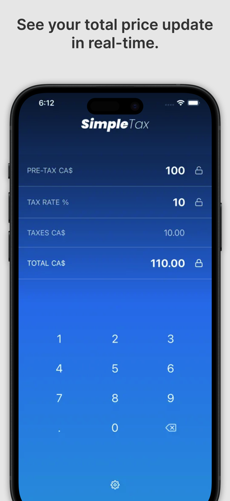 SimpleTax Quick Tax Calculator - SimpleTaxアプリのインターフェース。テンキーを備えたリアルタイムの税金および合計計算を表示
