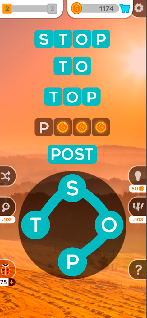 Mobile word connect game interface with a peaceful sunset background showing letter tiles and word connections.