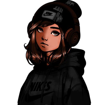 realistic girl wearing a hoodie and a beanie and headphones and nikes